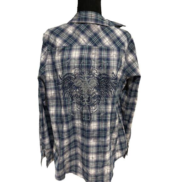 Maurices Tops - Maurices Premium 1 1x Blue Plaid Cross Angel Wings afflication rock cowboy shirt